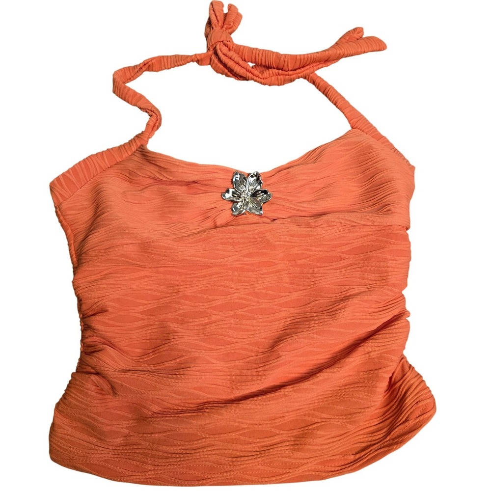 😀 SHIEN Orange Wavy Textured Halter Tankini Swim Top with Silver Flower SM‎